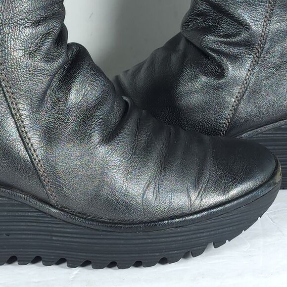 Fly London Womens Yust US9,5 EU40 Metallic Gray Leather Zip Wedge Riding Boots - Picture 15 of 16